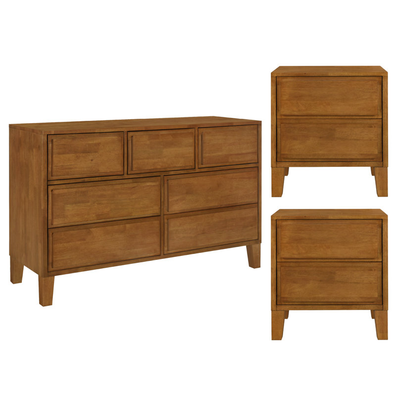 Knighten Solid Wood 3 Piece Casegoods Set, 3 Pcs: Dresser, 2 Nightstands, Walnut