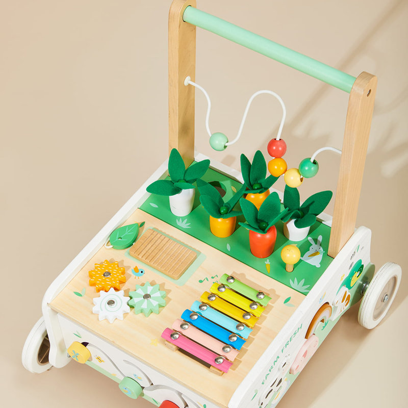 Poussette en bois en bois avec centre d'activités pour la ferme, trotteur à vitesse réglable avec xylophone, jeu de carotte et trieur de forme