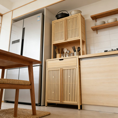 72" Tall Bamboo Bathroom Storage Cabinet Made from 100% Bamboo with 4 Doors, Drawer and Open Shelves