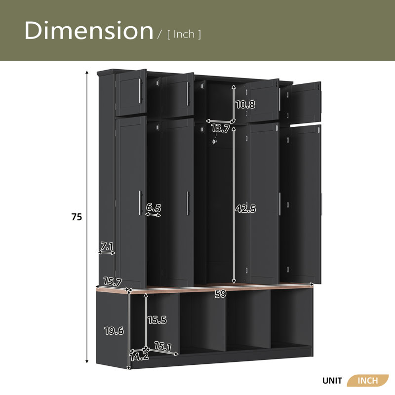 Farmhouse Hall Tree With 4 Hidden Hanging Hooks, Versatile Walnut Seating Bench With 8 Doors, Entryway Shoe Cabinet With Open Compartment For Living Room