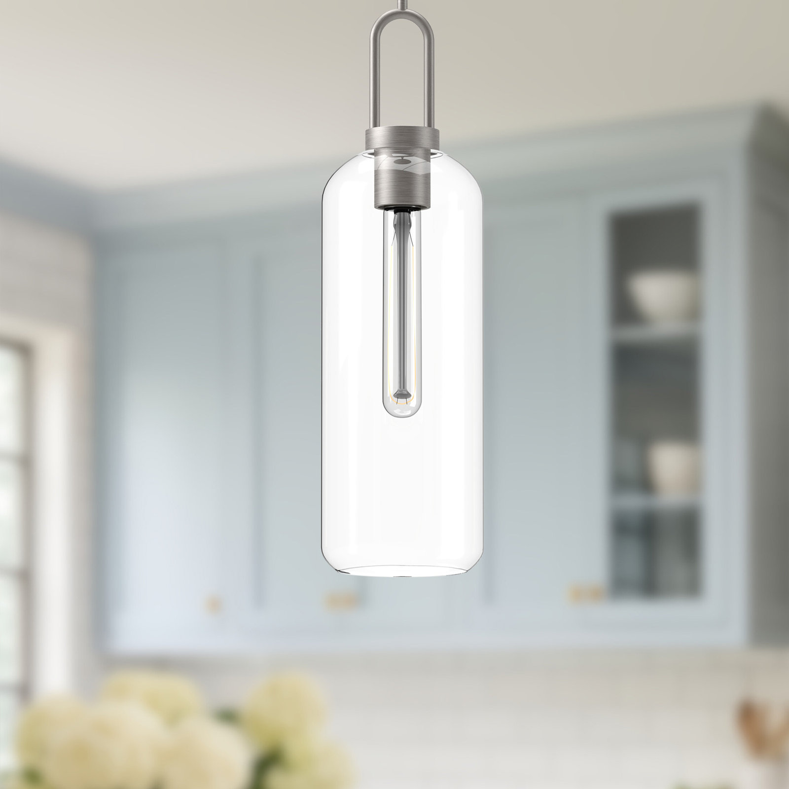 Minneapolis Single Light Glass Pendant, Brushed Nickel, Clear, 20.75" H x 6" W x 6" D 