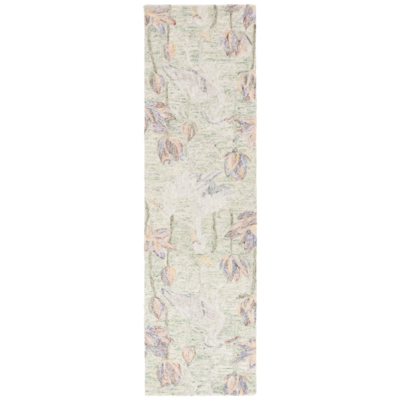 Tapis à motif floral en laine / coton touffeté Bovia vert / ivoire / jaune, Tapis de couloir 2 pi 3 po x 8 pi