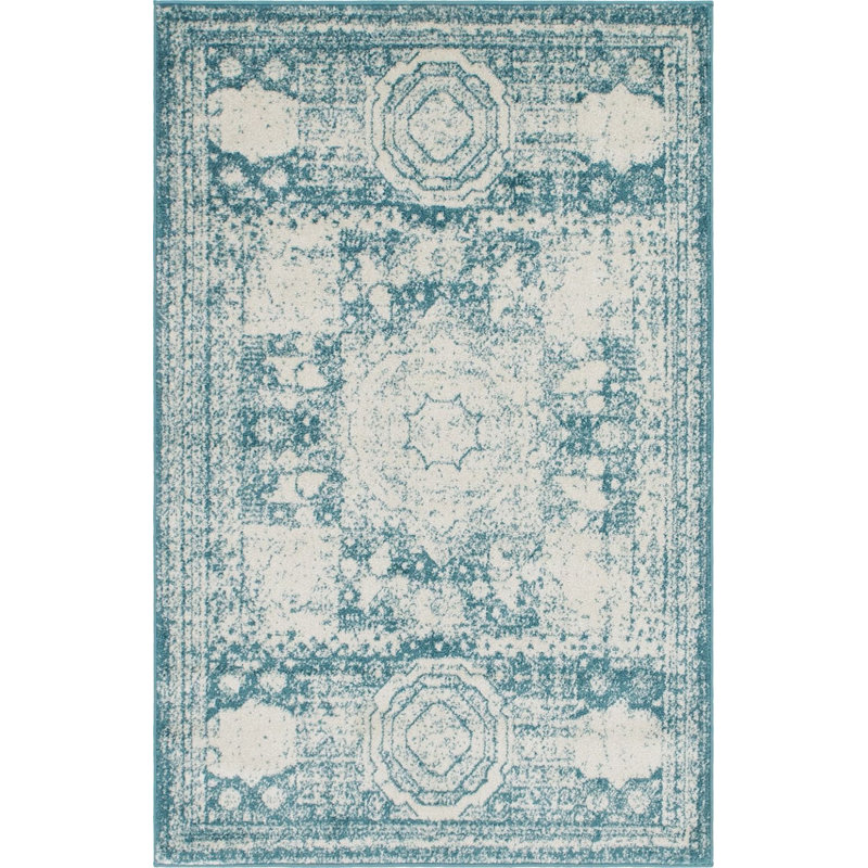 Turquoise oriental/Ivoire Tapis décoratif de Vienne, Rectangle 8 pi x 10 pi