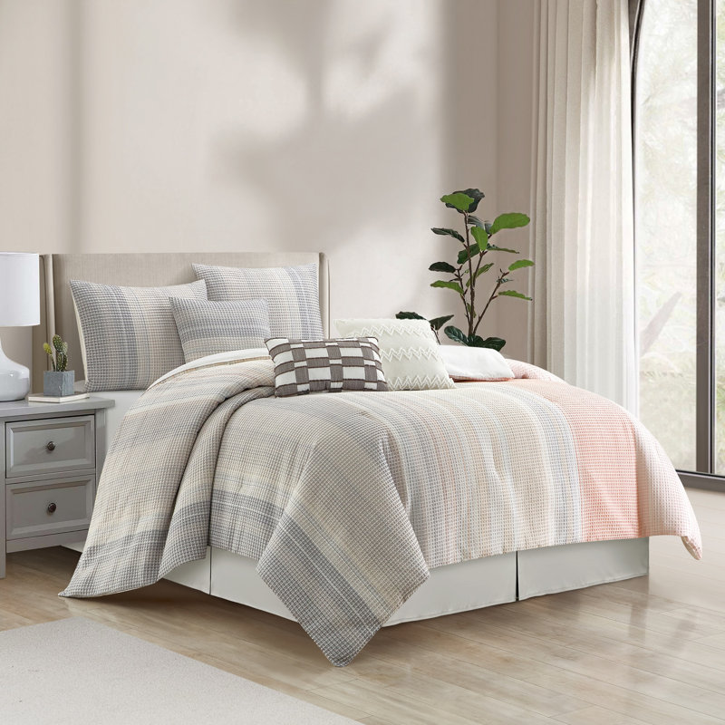 Cosette Ombre Stripes Comforter Set, King + 6 Additional Pieces, Gray/Pink Striped
