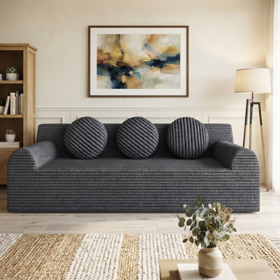 Canapé moderne deux places en velours côtelé gris foncé de 180 cm, canapé modulaire à assise profonde avec 3 coussins ronds, canapé minimaliste sans assemblage