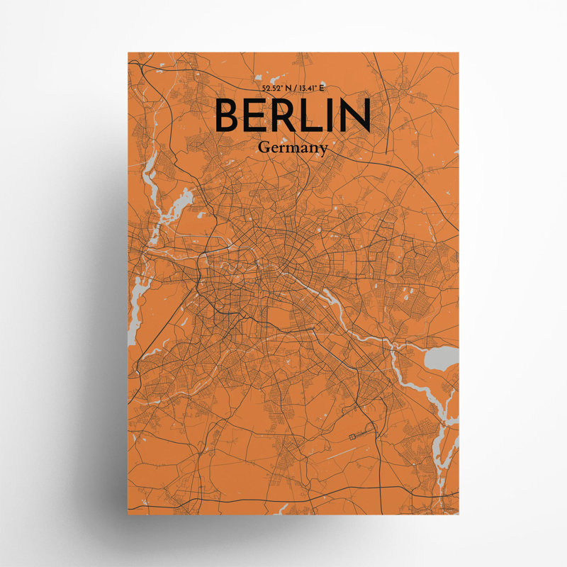 Berlin City Map In Orange - No Frame Print, 27.6cm H x 19.7cm W x 0.05cm D