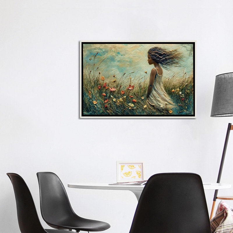 Jeune fille avec le vent dans les cheveux - reproduction d'art murale encadrée, Blanc patiné, H 26 po x l 40 po