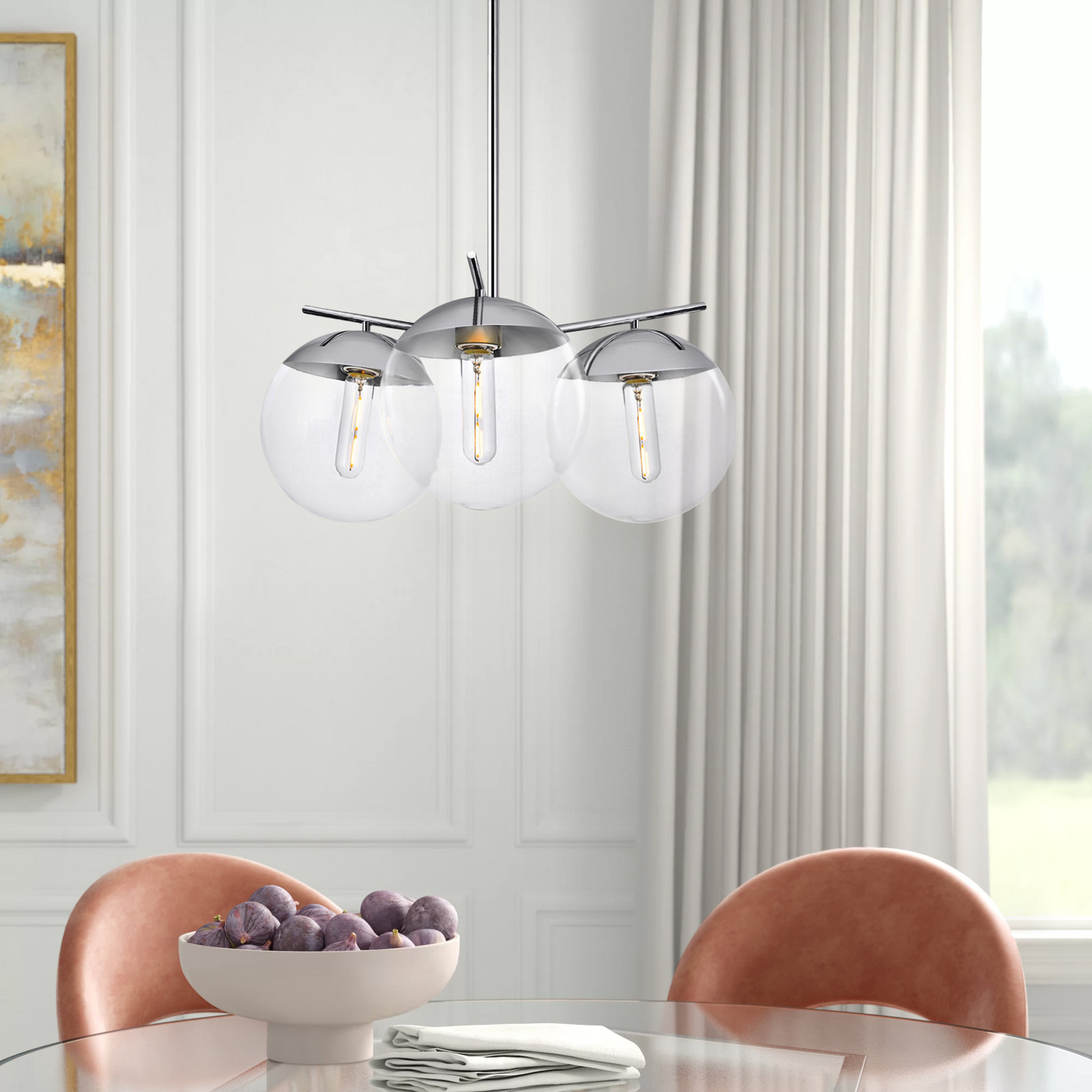 Yearby 3-Light Dimmable Globe Chandelier, Black, Clear