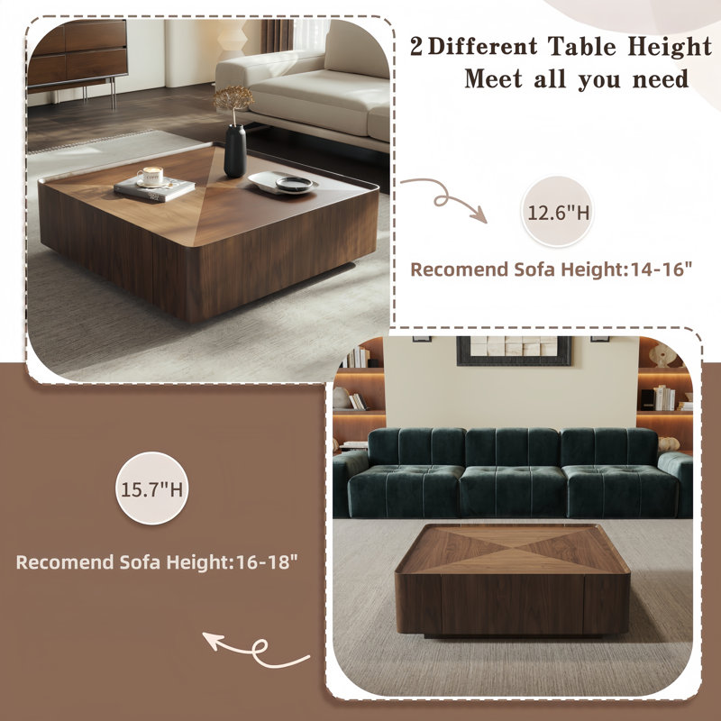 35.4” Single Walnut Square Coffee Table With Storage, 12.6”H x 35.4”W x 35.4”D