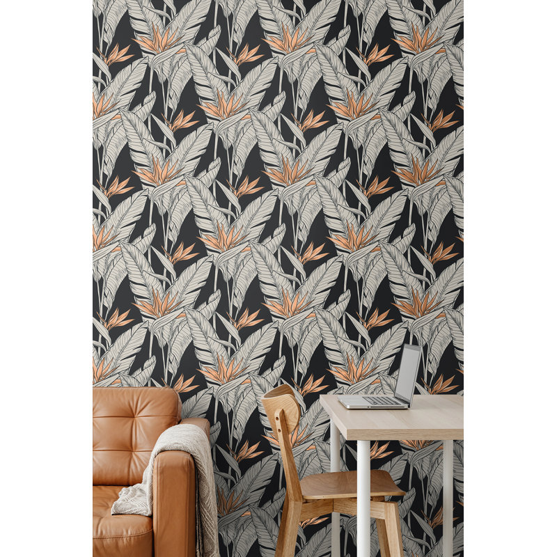 The Sojourn Floral Vinyl Peel & Stick Metallic Wallpaper Roll, Onyx/Metallic Copper