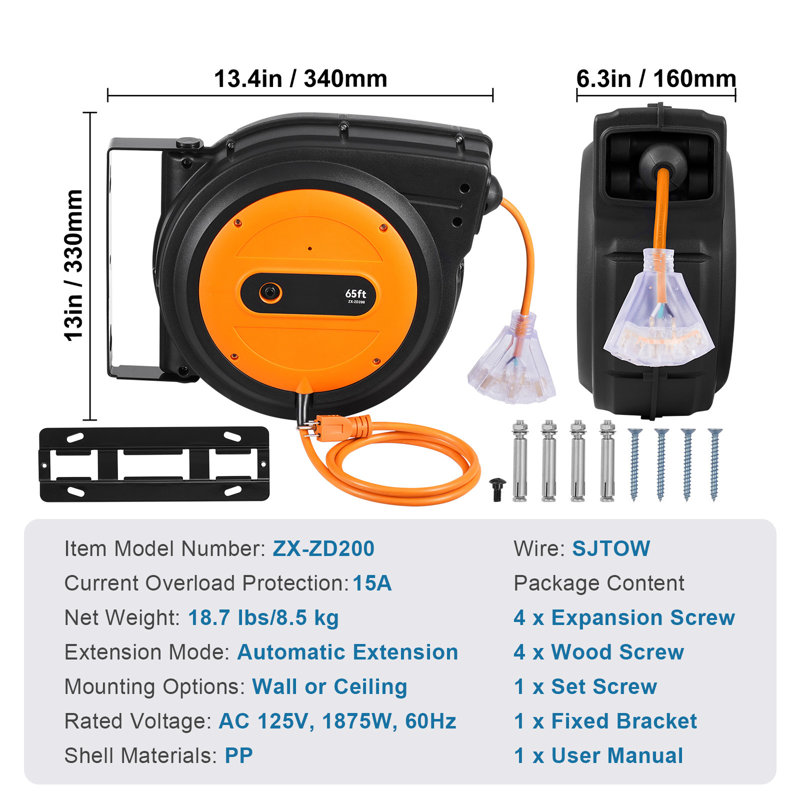 Enrouleur de cordon d'alimentation rétractable 65FT 12AWG / 3C SJTOW