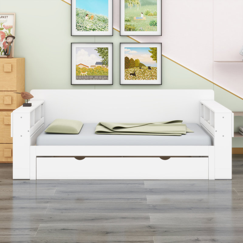 Lit de jour avec bureau amovible, tiroirs de rangement et table d'appoint hydraulique, Blanc, Grand