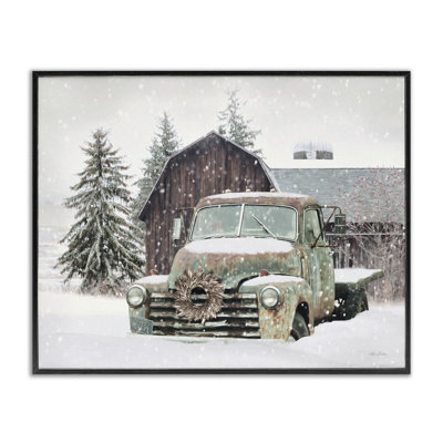 Rural Vintage Truck & Barn Snowy Winter Landscape Black Framed Giclee Texturized Art By Lori Deiter