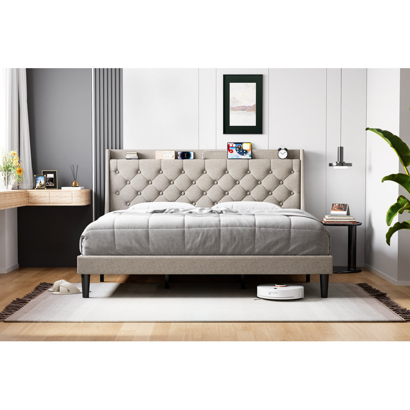Bed Frame With Charging Station And Wingback Headboard  Button-tufted Upholstered Platform Bed With Storage Headboard, No Box Spring Needed, Noise-free, Easy Assembly (grey)
