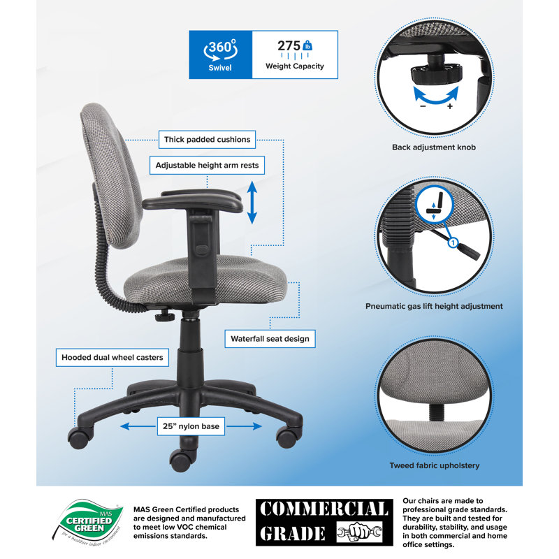 Task Chair, Gray Twill, Adjustable Arms