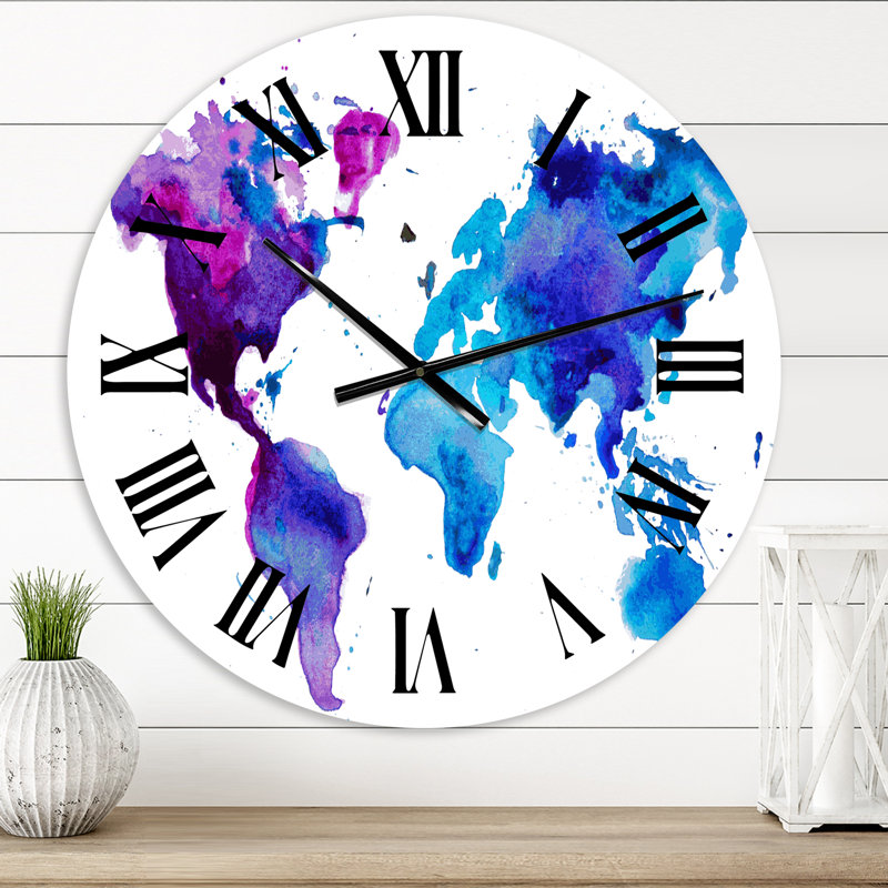 Carte du monde mauve et bleue - Horloge murale moderne, Petit