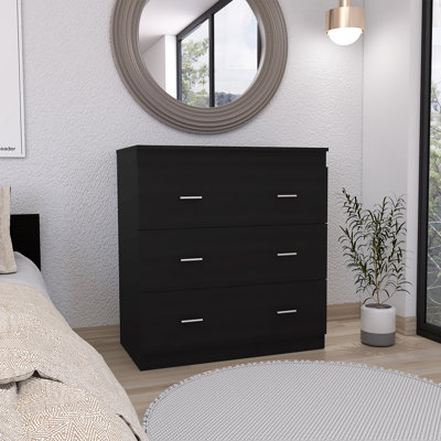 Commode à trois tiroirs Capri, plateau supérieur, poignées en métal, chambre à coucher