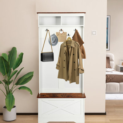Hall Tree With Bench & Storage, 5 Hooks, 2 Large Top Compartments