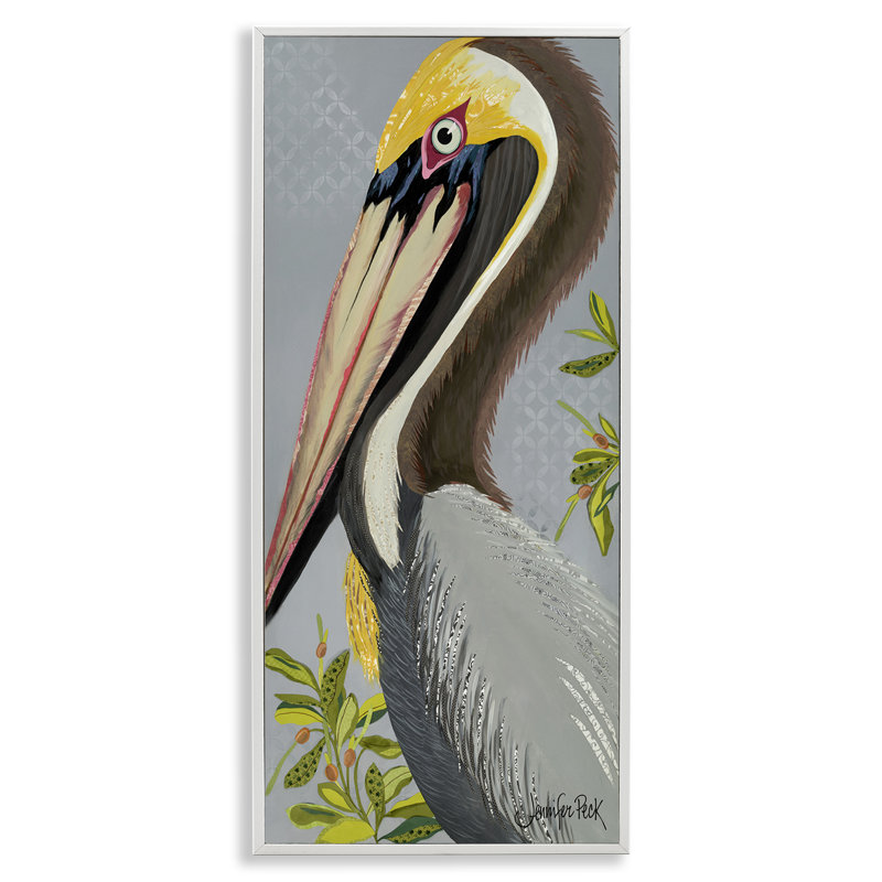Pélican sur giclée sur toile grise par Jennifer Peck, Giclée encadrée blanc bord de mer, H 24 po x l 10 po
