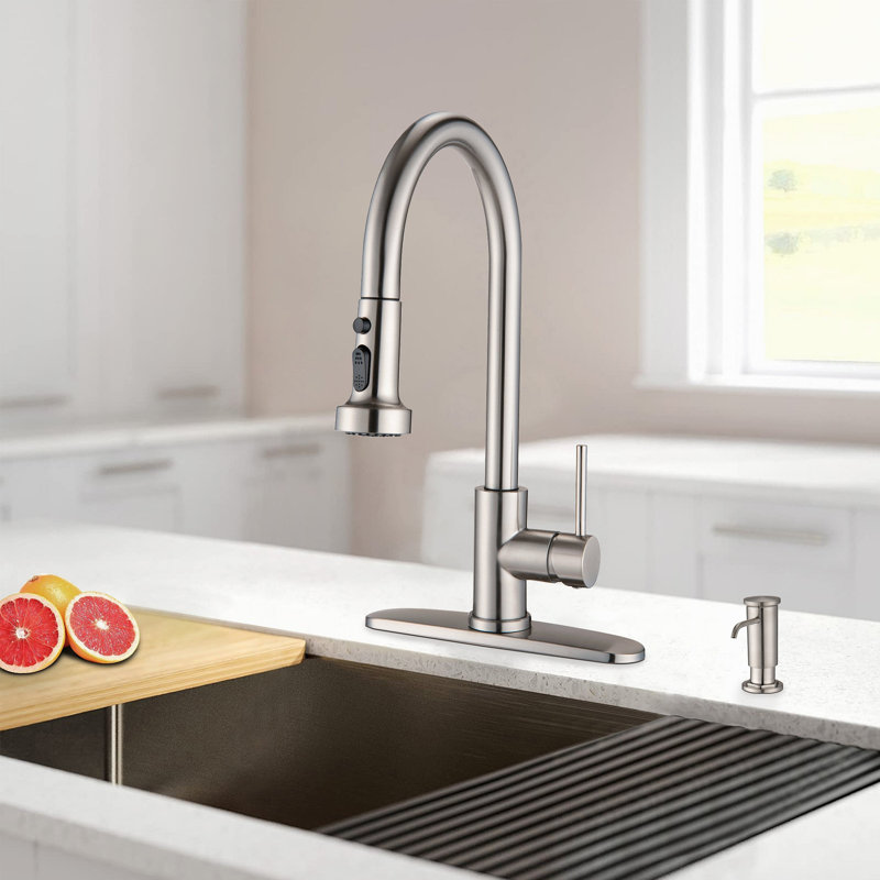 Robinet de cuisine rétractable en acier inoxydable avec distributeur de savon, Nickel brossé