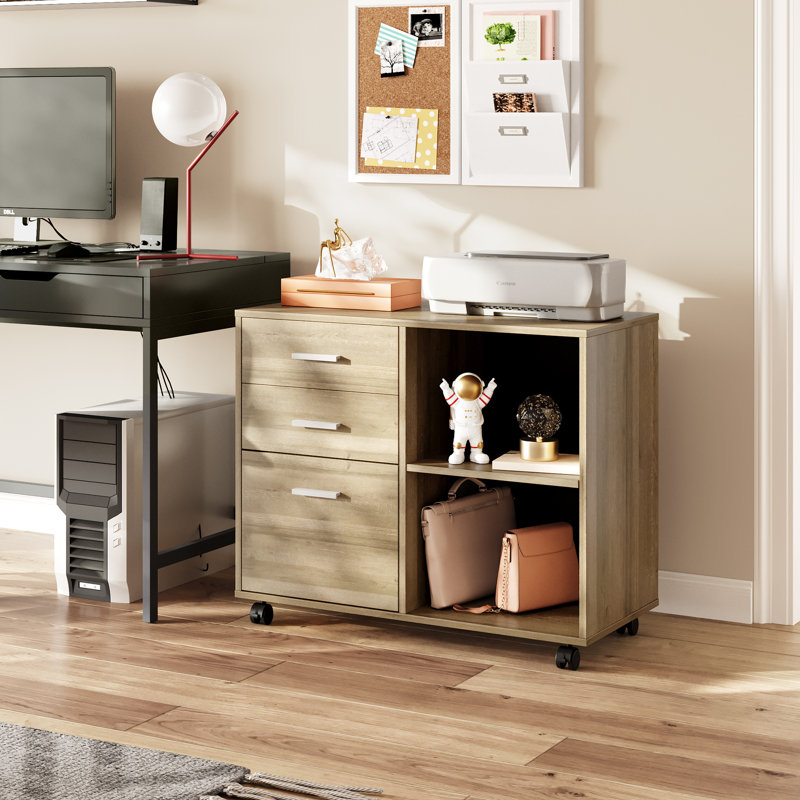 Classeur à 3 tiroirs en bois avec tablettes Corwynn, Chêne gris