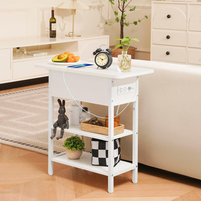 End Table With Charging Station, Flip-top Side Table With Usb Ports, Power Outlets & Storage Shelves, Narrow Nightstand For Living Room, Bedroom & Small Spaces