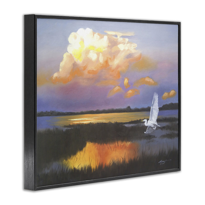 «Egret Over Cloudy Reflection», estampe numérique par D. Rust, H 24 po x l 30 po, Giclée encadrée noir minuit