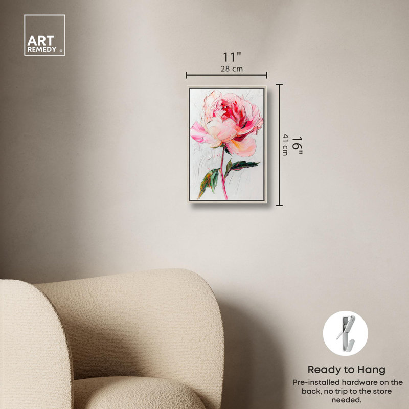 Art floral rose pastel sur toile rose, Cadre argenté, H 16 po x l 11 po