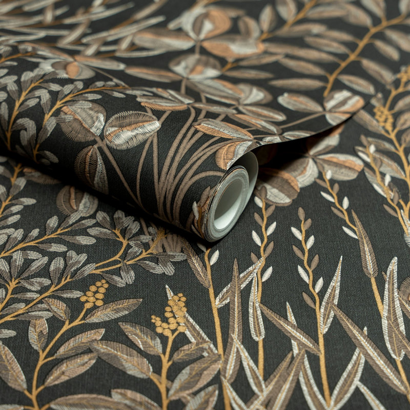 Inia Collection Branched Leaves All-over Wallpaper Roll, Black