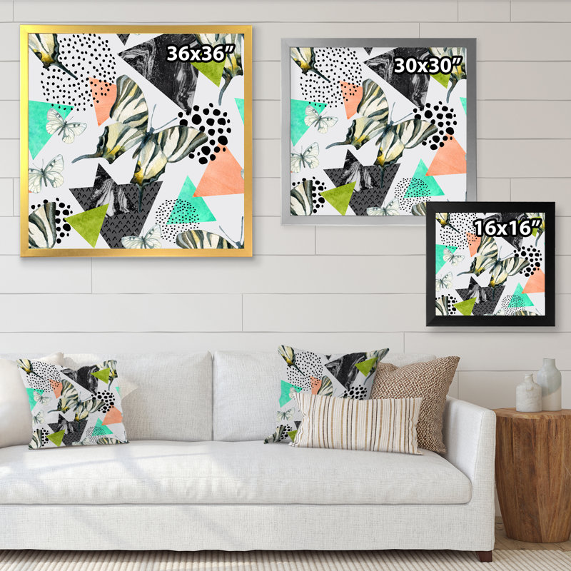 Turquoise, noir et vert géométrique rétro - peinture sur toile, H 36 po x l 36 po x P 1,5 po, Cadre de coin blanc fermé