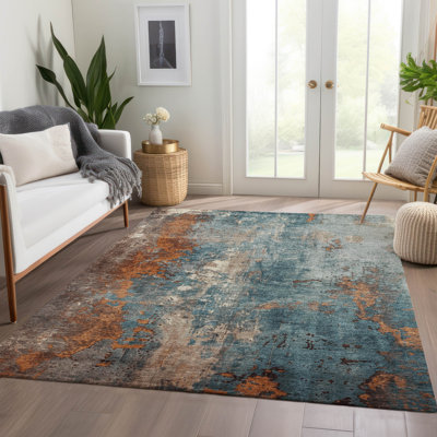 Tapis bleu sarcelle lavable à la machine intérieur / extérieur Xhevrie