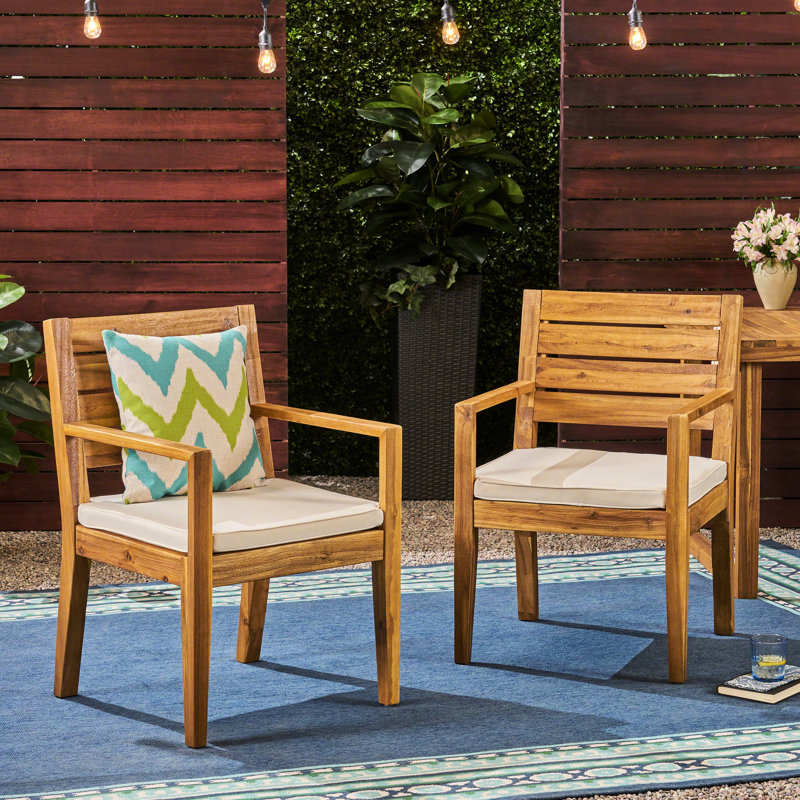 Wood Dining Chair Pair - Cream Water- Cushion, Classy Beige Cushion Chairs Crafted From With Water Resistance