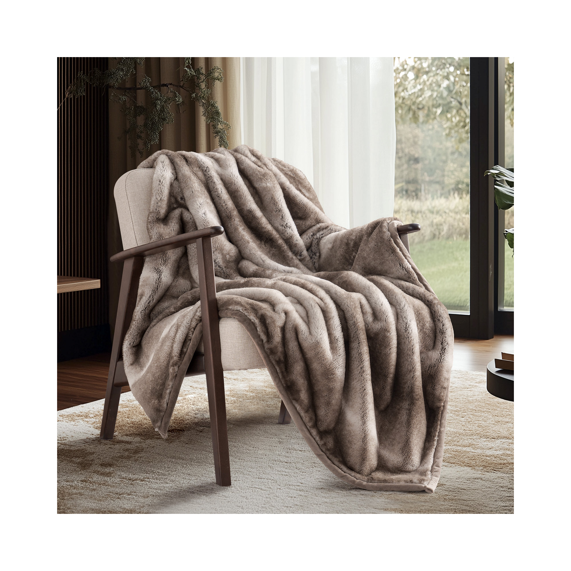 Luxury Mink Faux Fur Throw Blanket, 50" W x 60" L, Ombré Hazel Brown