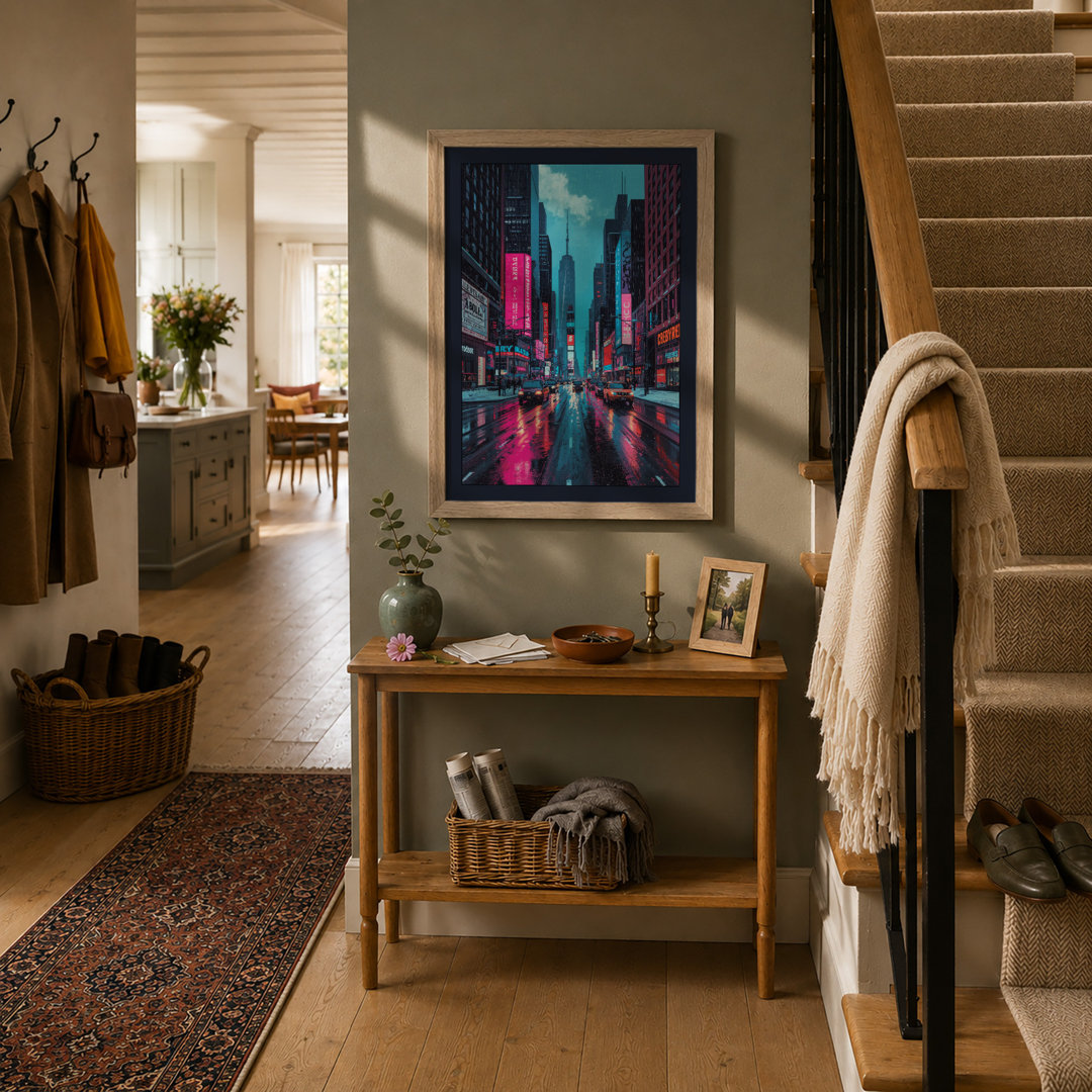 Neon City Rain Modern - Framed Print