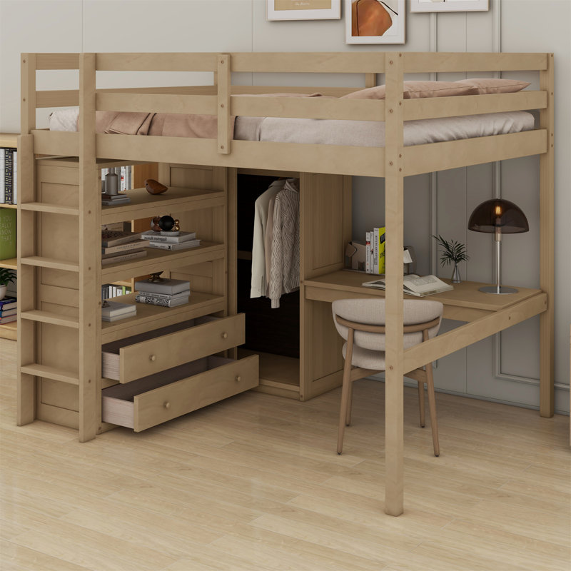Wood Loft Bed With Built-In Wardrobe, Desk, Storage Shelves And Drawers