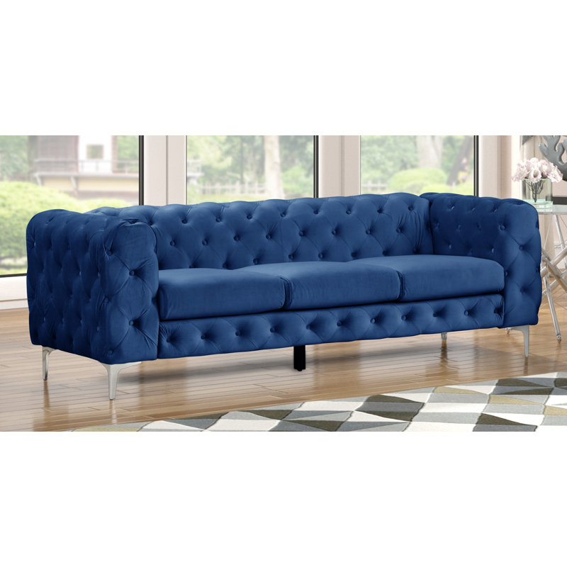 Canapé Chesterfield à accoudoirs carrés en velours 85,5 po Bernie, Bleu