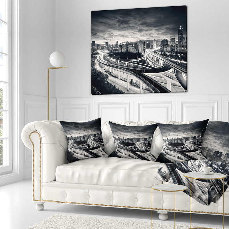 Coussin foncé imprimé ville de shanghaia, 16 po x 1 po, Coussin décoratif