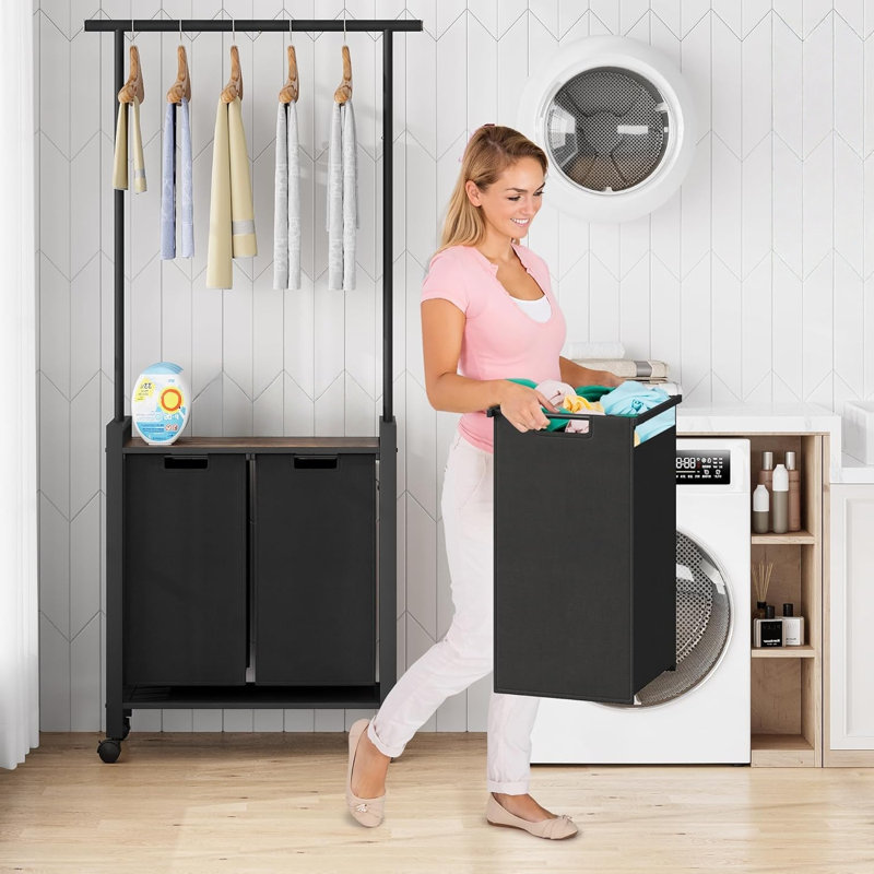 Chariot à linge avec roulettes verrouillables, support suspendu et tablette utilitaire, panier à linge pour salle de bain