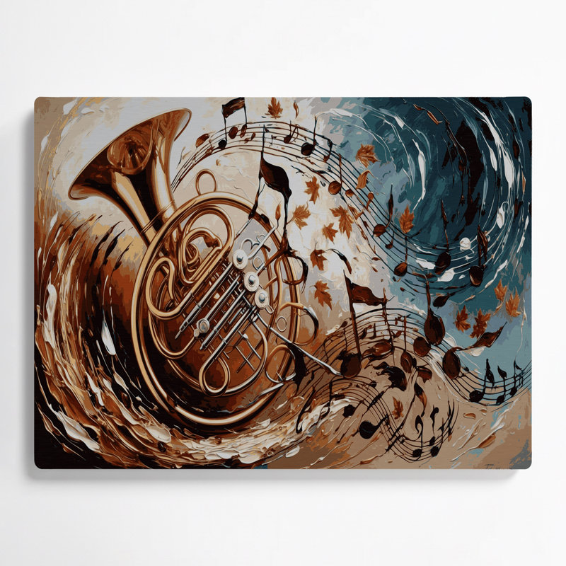 Musique, cor français, beige, art mural en métal, H 20 po x l 24 po