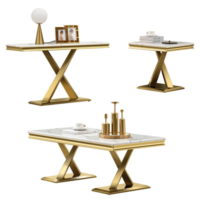 Ensemble de tables de salon blanches et dorées, 3 tables de salon luxueuses avec base en X en acier inoxydable poli, 1 table basse + 1 console + 1 table de bout
