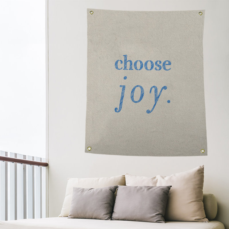 Tapisserie de polyester, choisir la joie citation, H 36 po x l 26 po, Blanc / Bleu