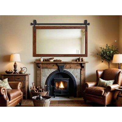 Modern Rustic Mirror with Steel Barn Door Track and Decorative Metal Corner Brackets