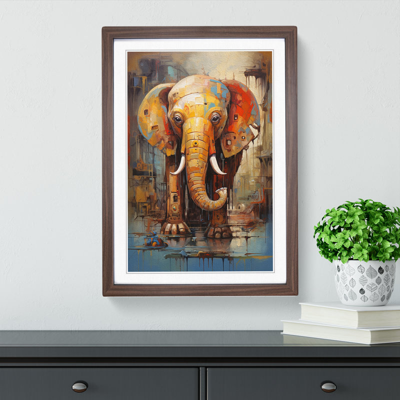 Elephant Modern No.2 - Single Picture Frame Print on Wood, 64cm H x 46cm W x 2cm D, Walnut