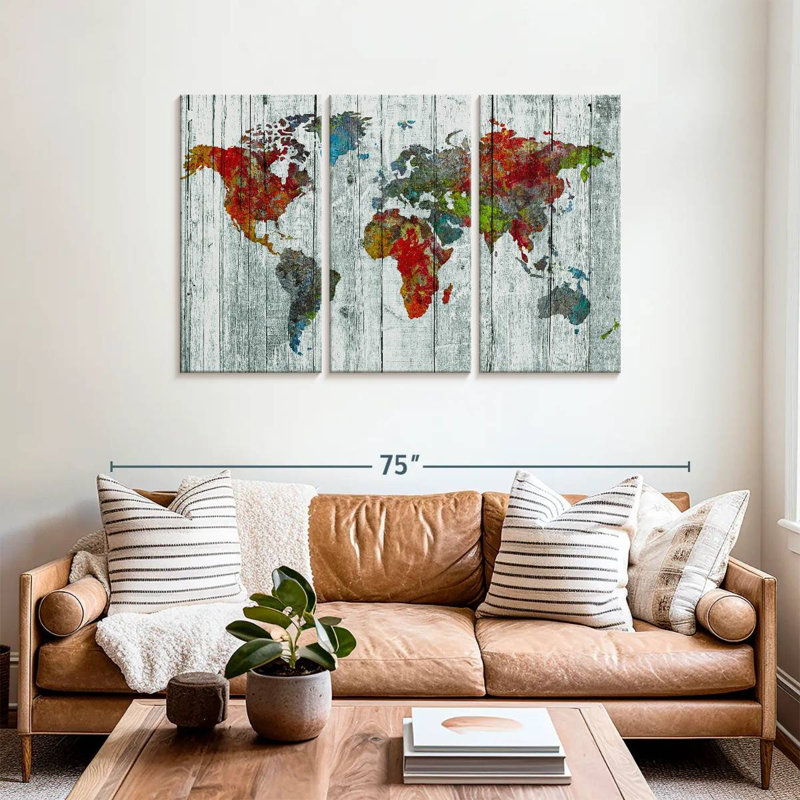 " Artisanal World Map Wall Art Multi Piece Canvas Print " 3 - Pieces, 57" H x 36" W x 1.25" D