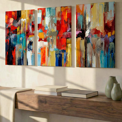 Ensemble exclusif de 3 toiles murales urbaines en impasto, turquoise écarlate et or, décoration moderne pour salon, chambre, bureau et maison, prêtes à accrocher.