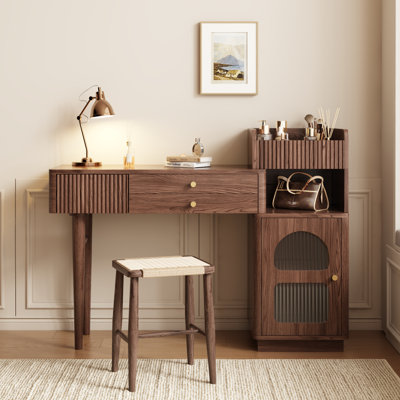 Coiffeuse extensible multifonctionnelle avec armoires vitrées cintrées, bureau de maquillage moderne avec pieds en bois massif et tiroirs de rangement organisés
