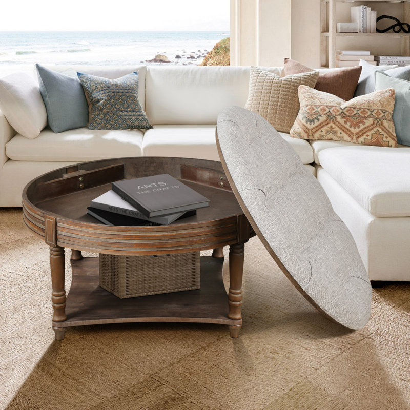 Large Round Waterproof Ottoman Coffee Table 2 Tier Oversized Button Tufted Ottoman With Wooden Shelf Storage Farmhouse Upholstered Coffee Table Living Room Footstool Ottoman Linen(Light Gray)