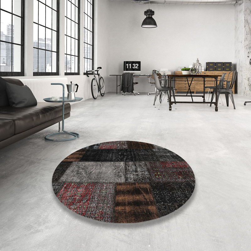 Tapis contemporain noir / gris, Rond 8 pi