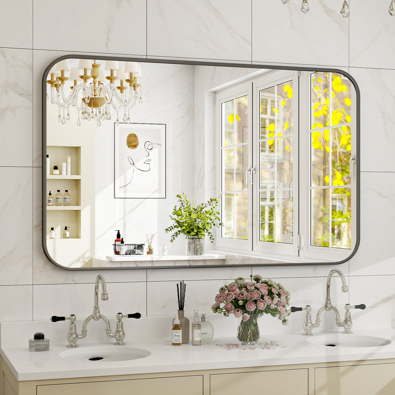 Odean Rectangle Metal Large Wall Mirror, 47" x 29", Black