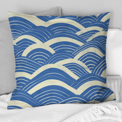 Blue Beige Midcentury Waves IV - Midcentury Throw Pillow